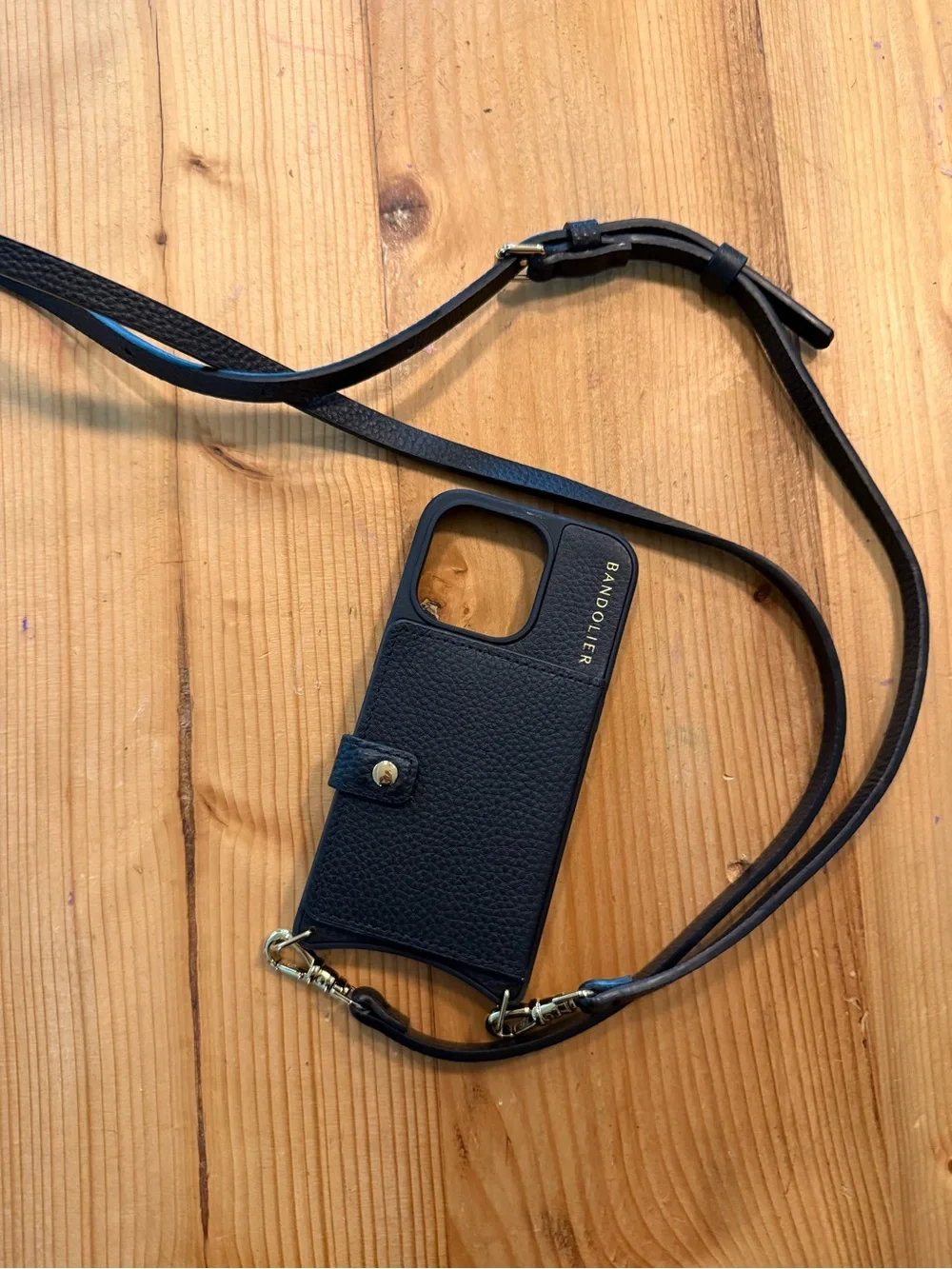 Bandolier Black Leather Crossbody Wallet Case with Gold Hardware and strap